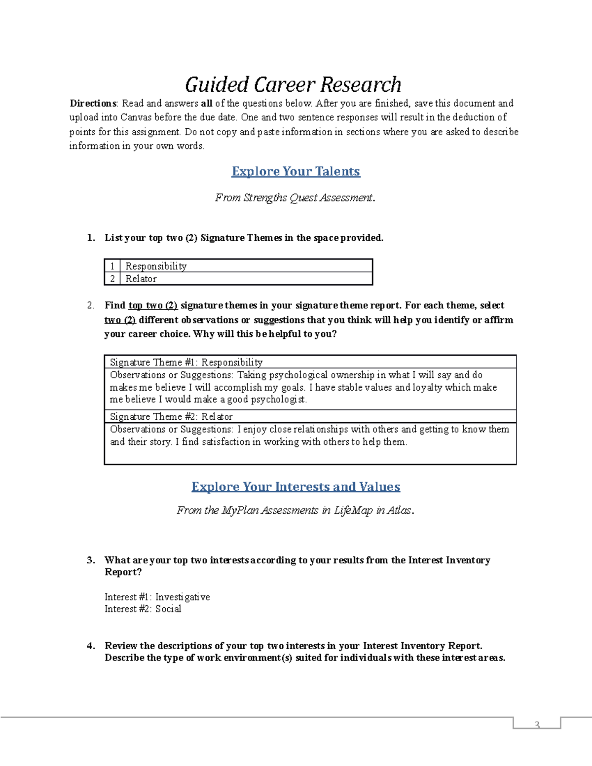 My Career Information Worksheet College University Example
