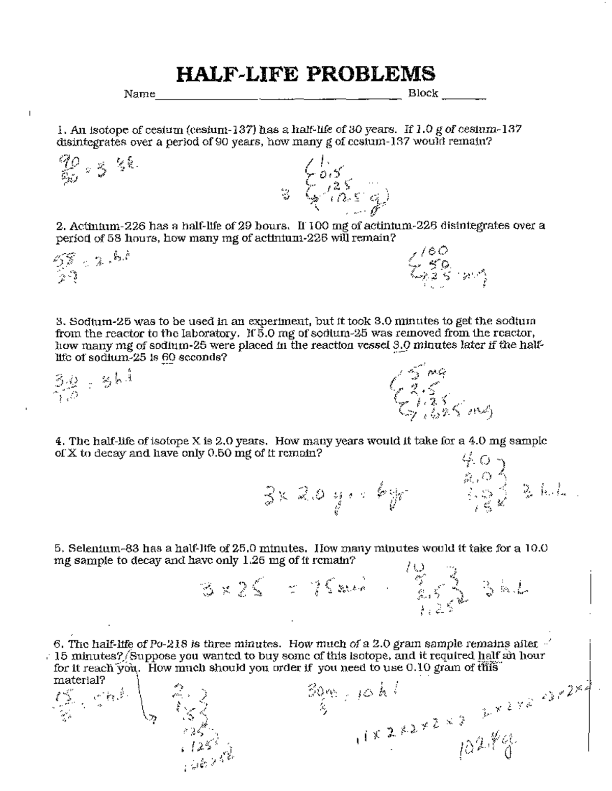 Half Life Radioactive Substance Examples Worksheet