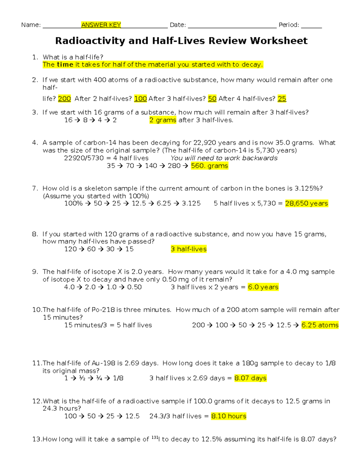 Half Lives Review Worksheet Answer Key For Exam Preparation Studocu