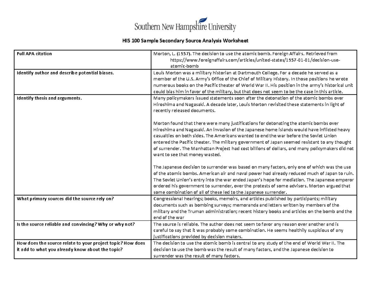 HIS 100 Sample Secondary Source Analysis Worksheet 1957 The Decision To Use The Atomic Bomb Studocu