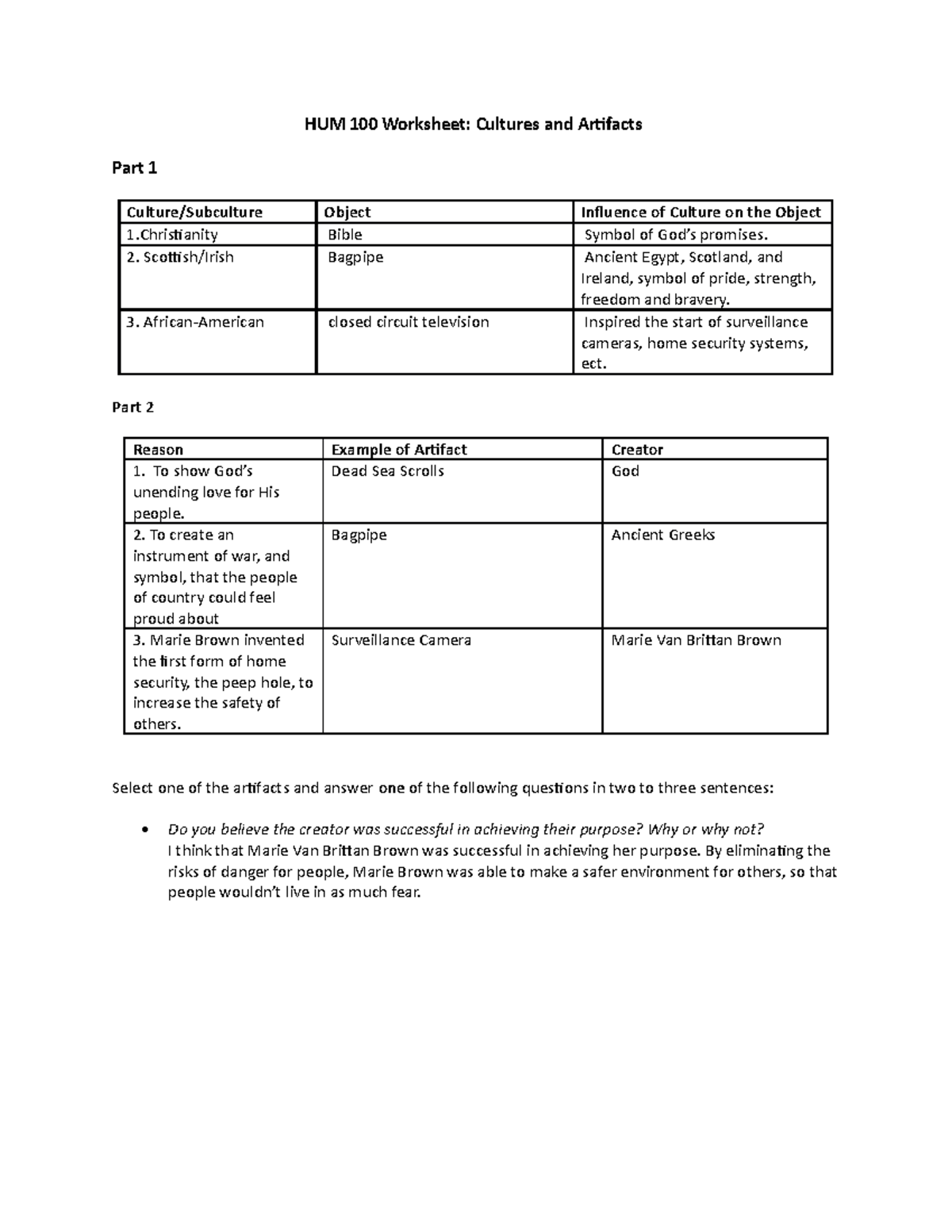 HUM 100 Worksheet Cultures And Artifacts Copy HUM 100 Worksheet Cultures And Artifacts Part 1 Studocu