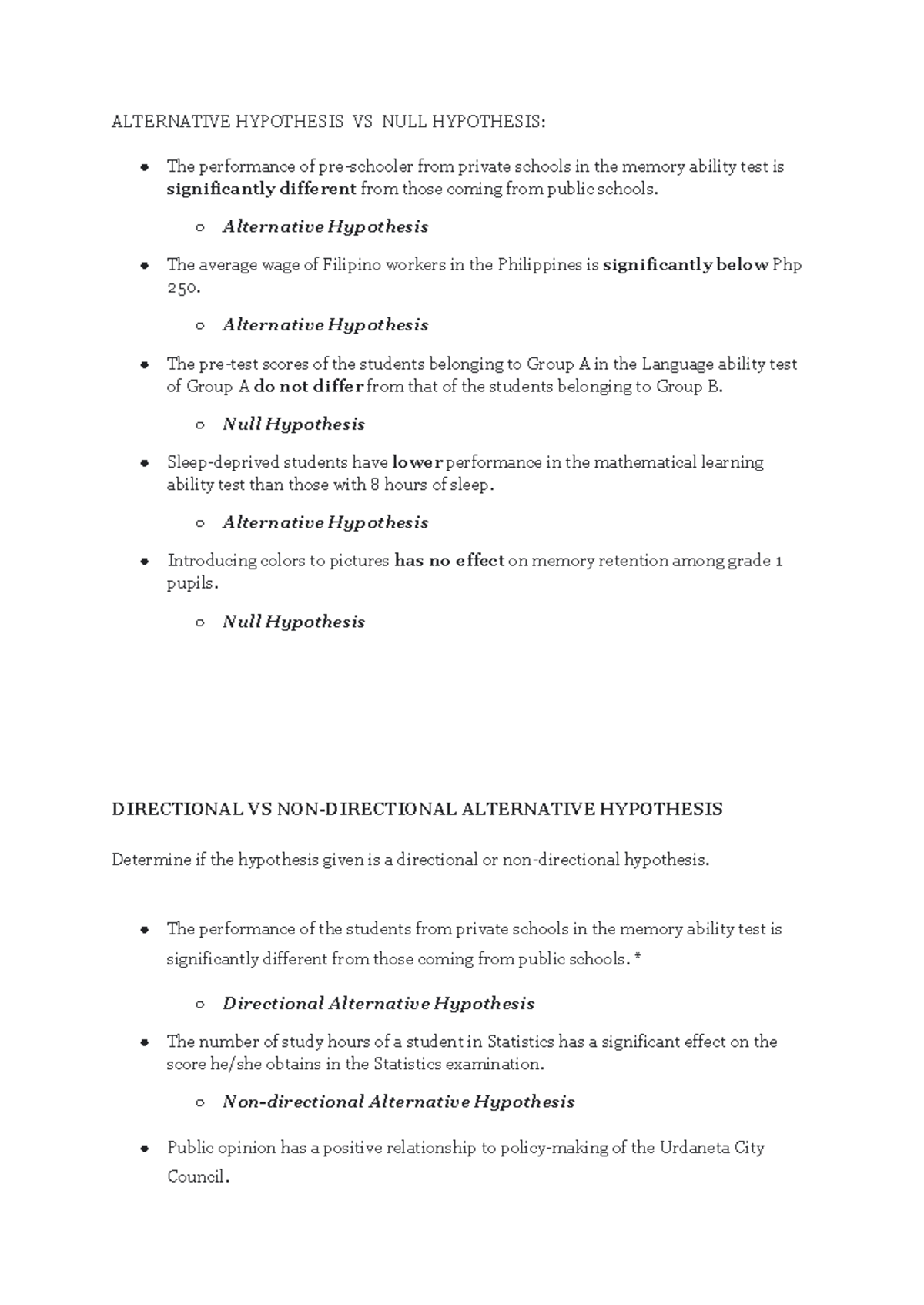 Hypothesis Activity Question AND Answers P1 ALTERNATIVE HYPOTHESIS VS NULL HYPOTHESIS The Studocu