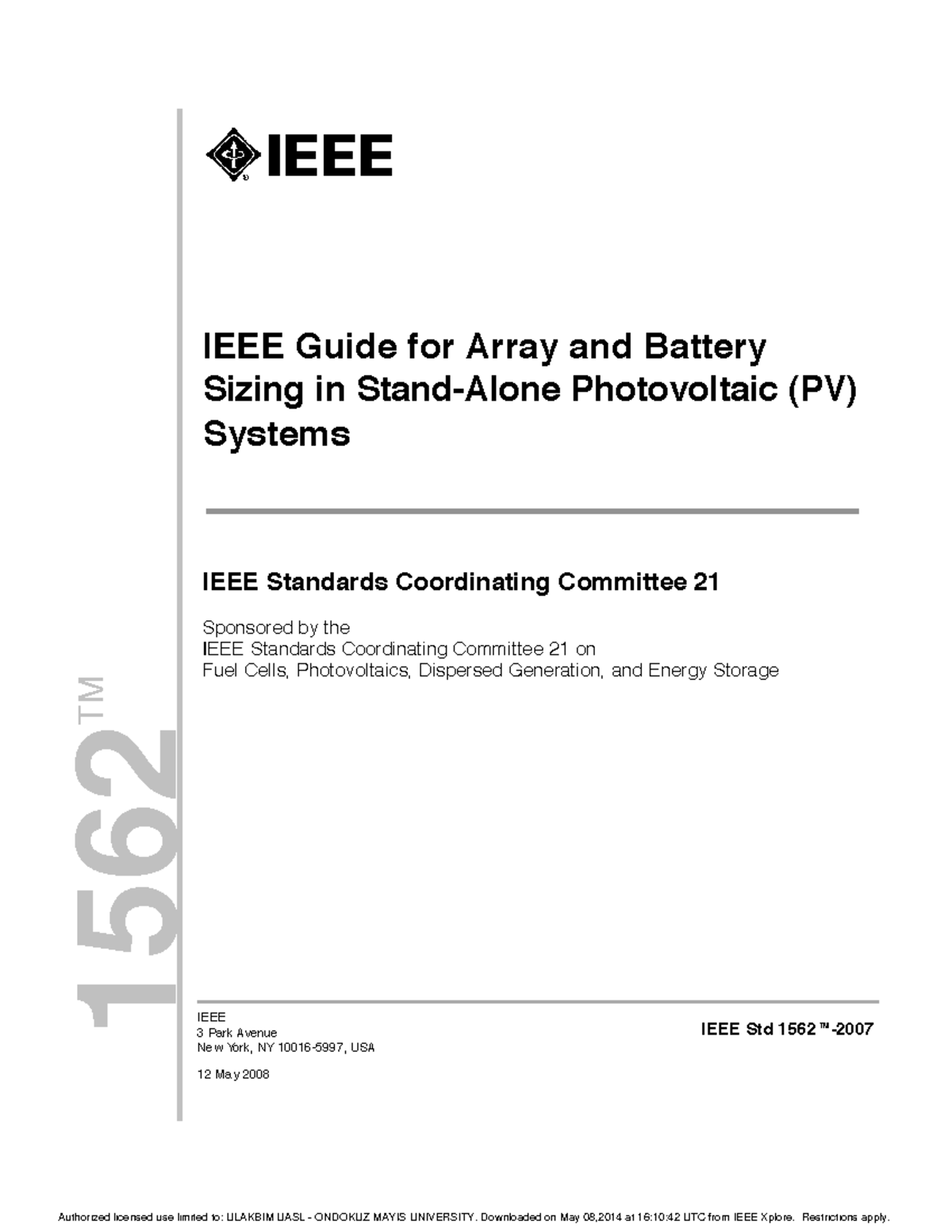 IEEE Std 1562 2007 Guide For Sizing PV Arrays Batteries Studocu