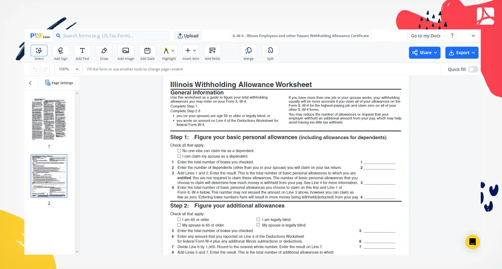 IL W 4 Illinois Employees Withholding Allowance Certificate PDFliner