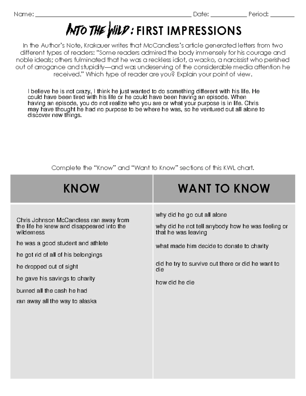 Into The Wild Activities Chapters 4 6 Analysis Insights Studocu