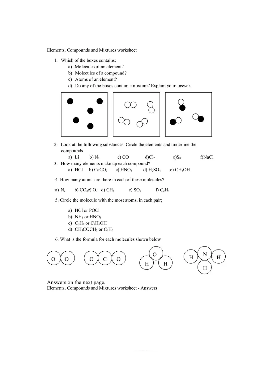 Examples Of Elements Compounds And Mixtures Worksheet