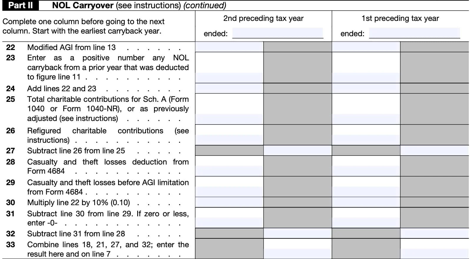 IRS Form 172 Instructions Net Operating Losses NOLs 