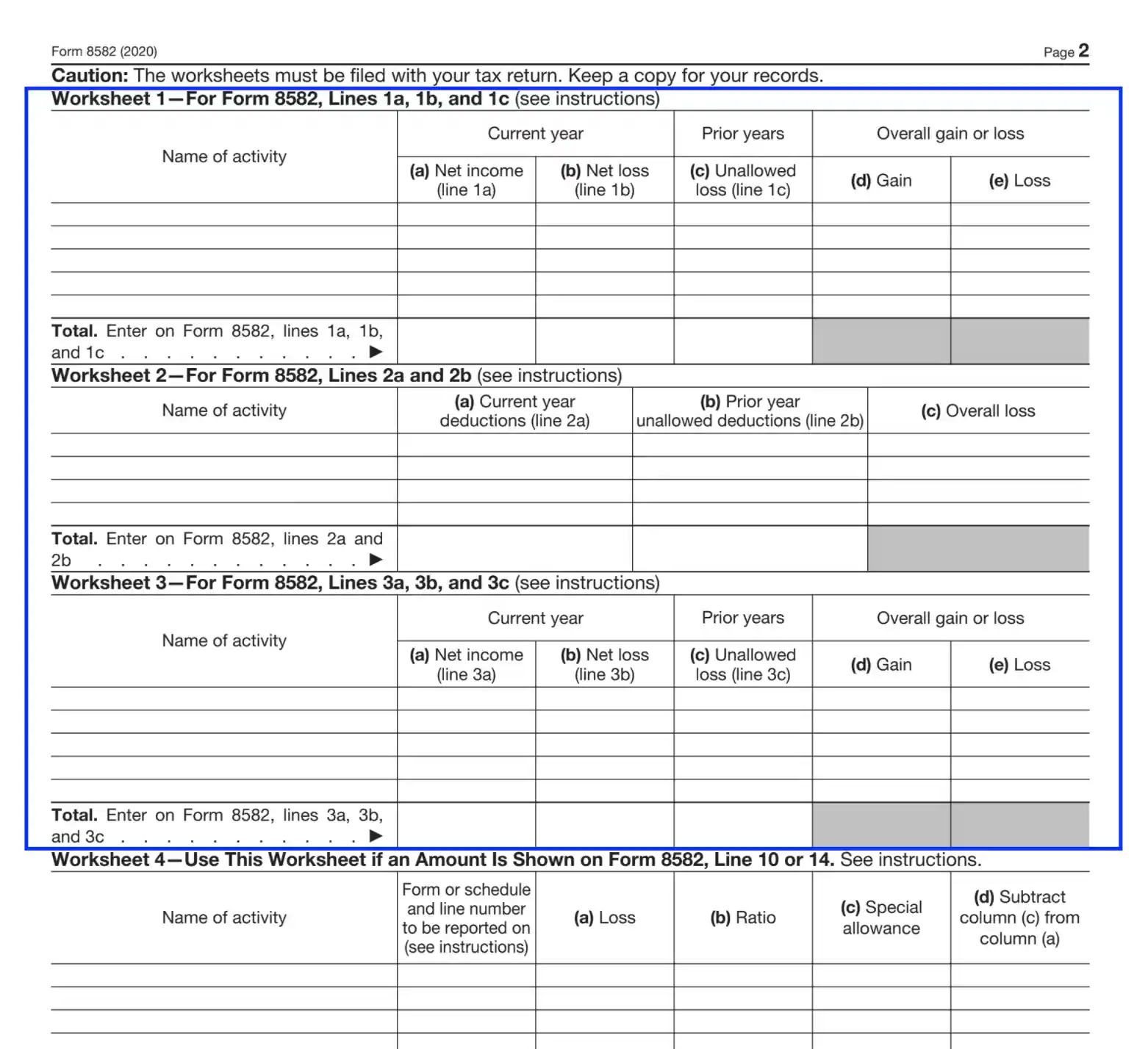 Form 8582 Example Grouping Activities Worksheet 1