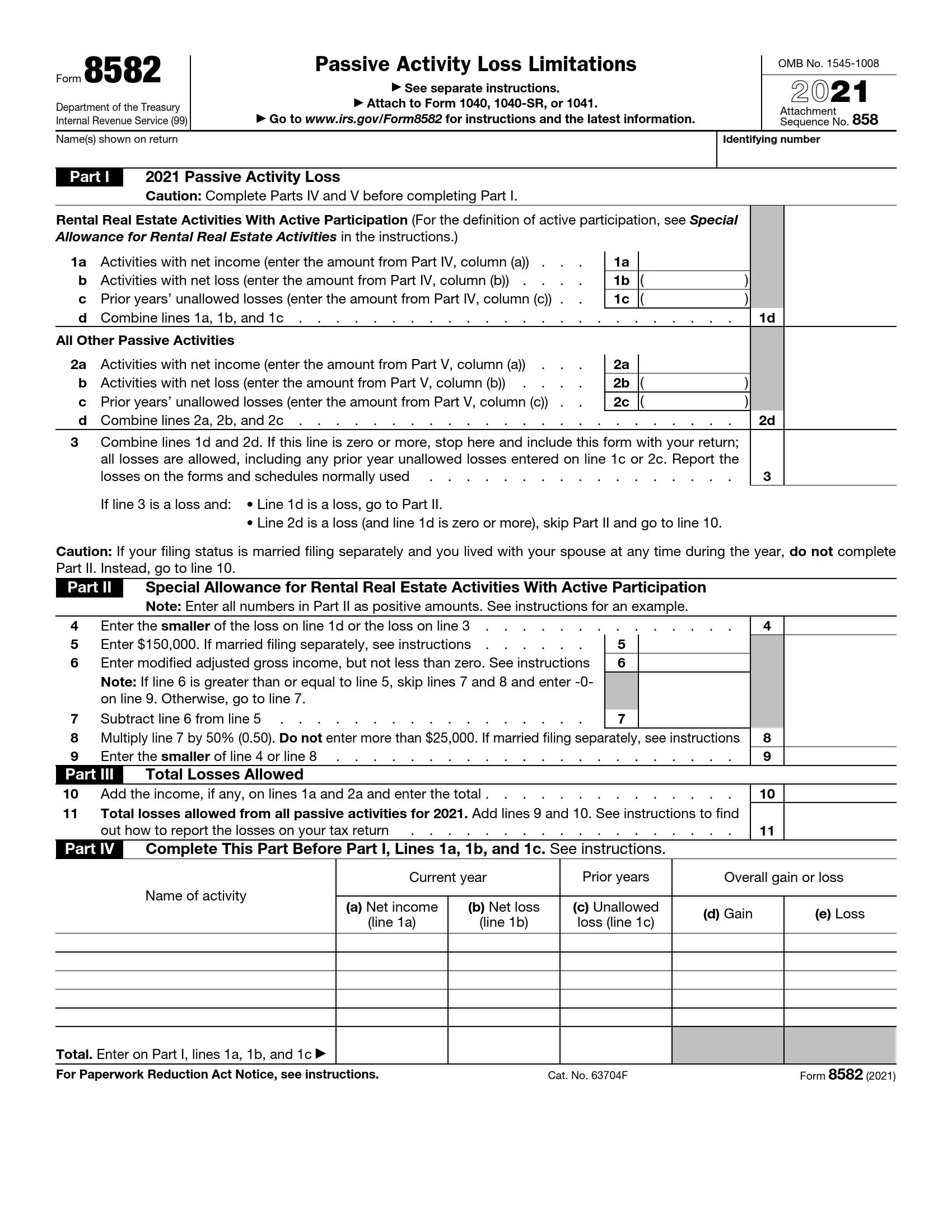 IRS Form 8582 Fill Out Printable PDF Forms Online
