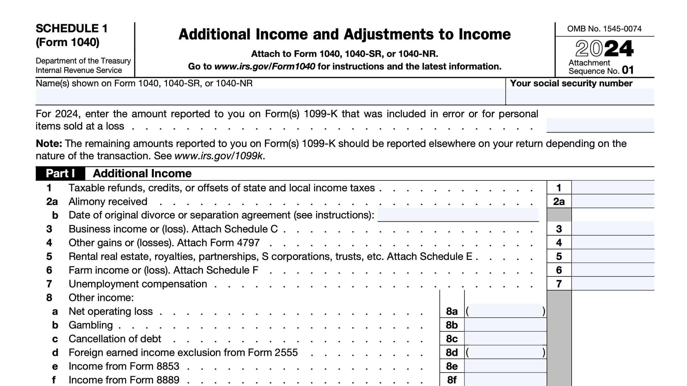 IRS Schedule 1 Instructions Additional Income AGI Adjustments