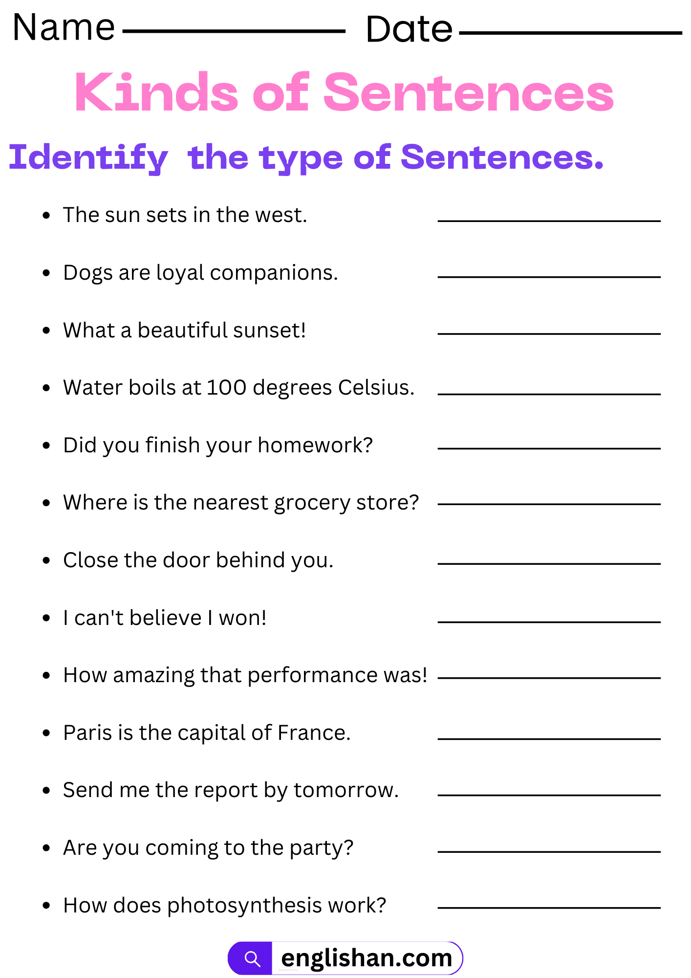Types Of Sentences Examples Worksheet