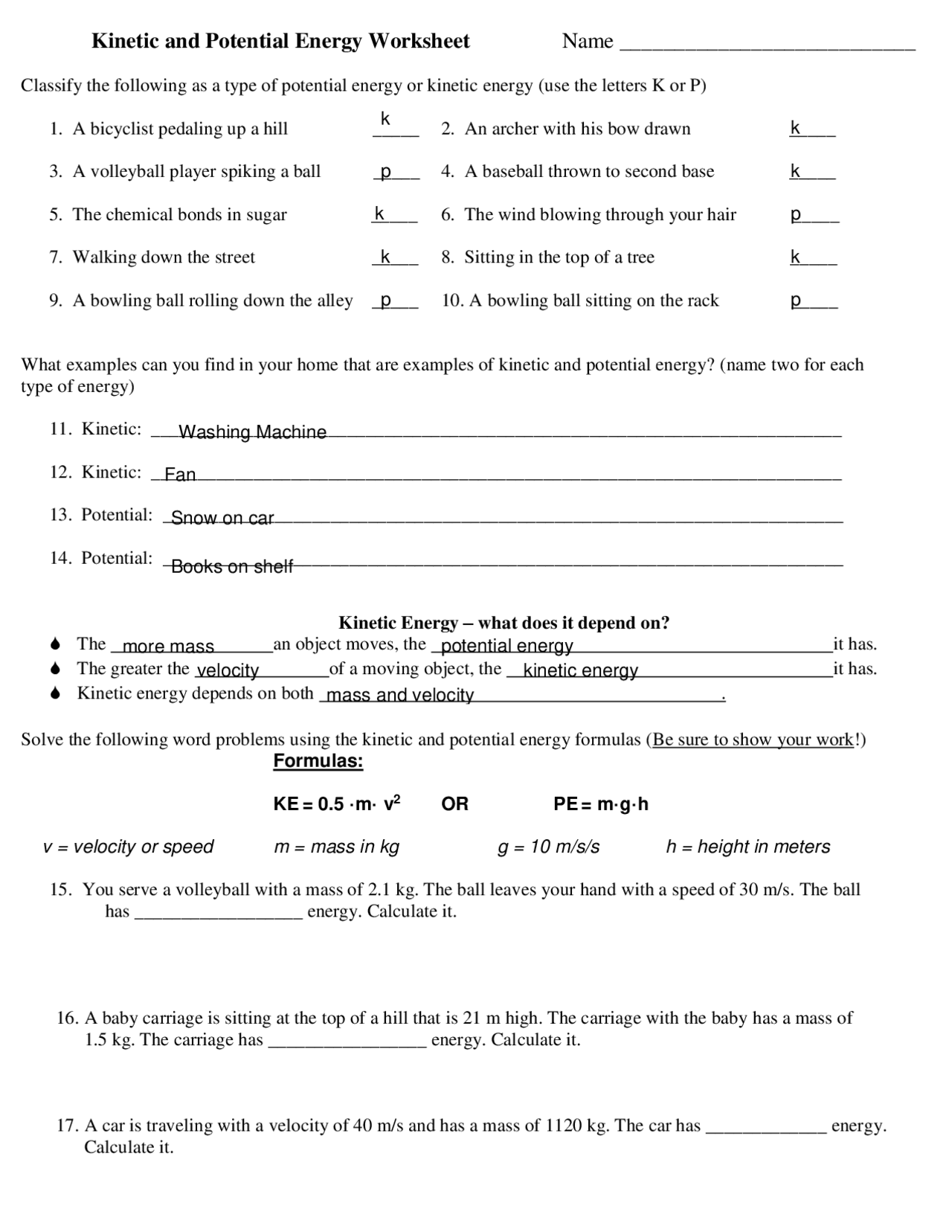Examples Of Potential And Kinetic Energy Worksheets