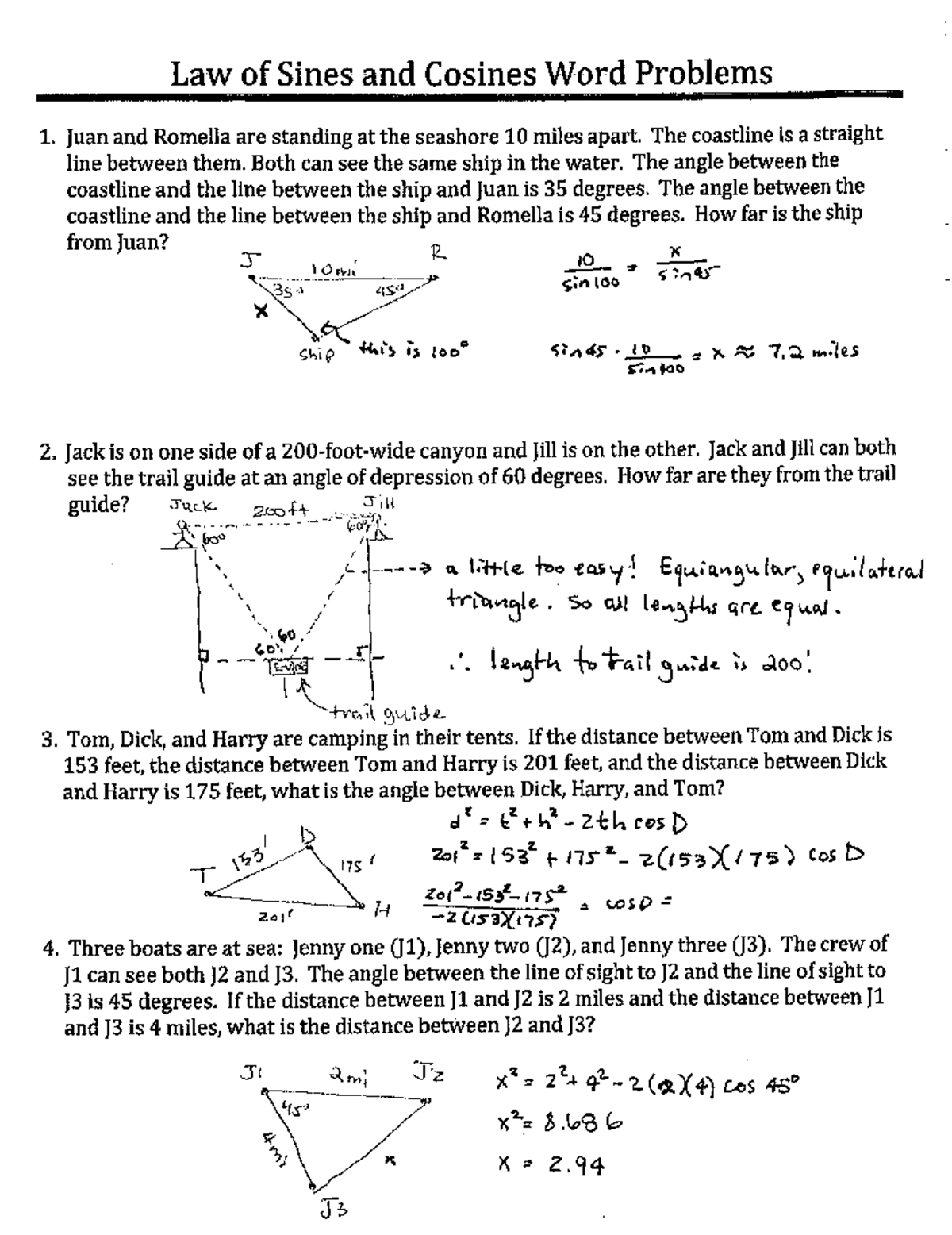 Law Of Sines And Cosines Word Problems Worksheet 2 Answer Key Law Of Sines And Cosines Word Studocu