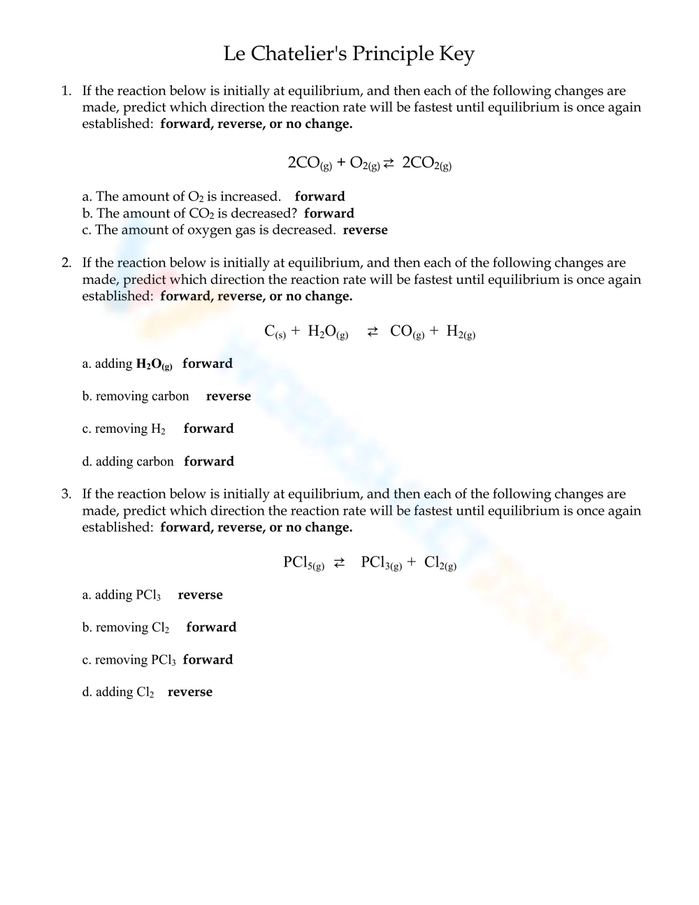 Le Chatelier'S Principle Examples Worksheet
