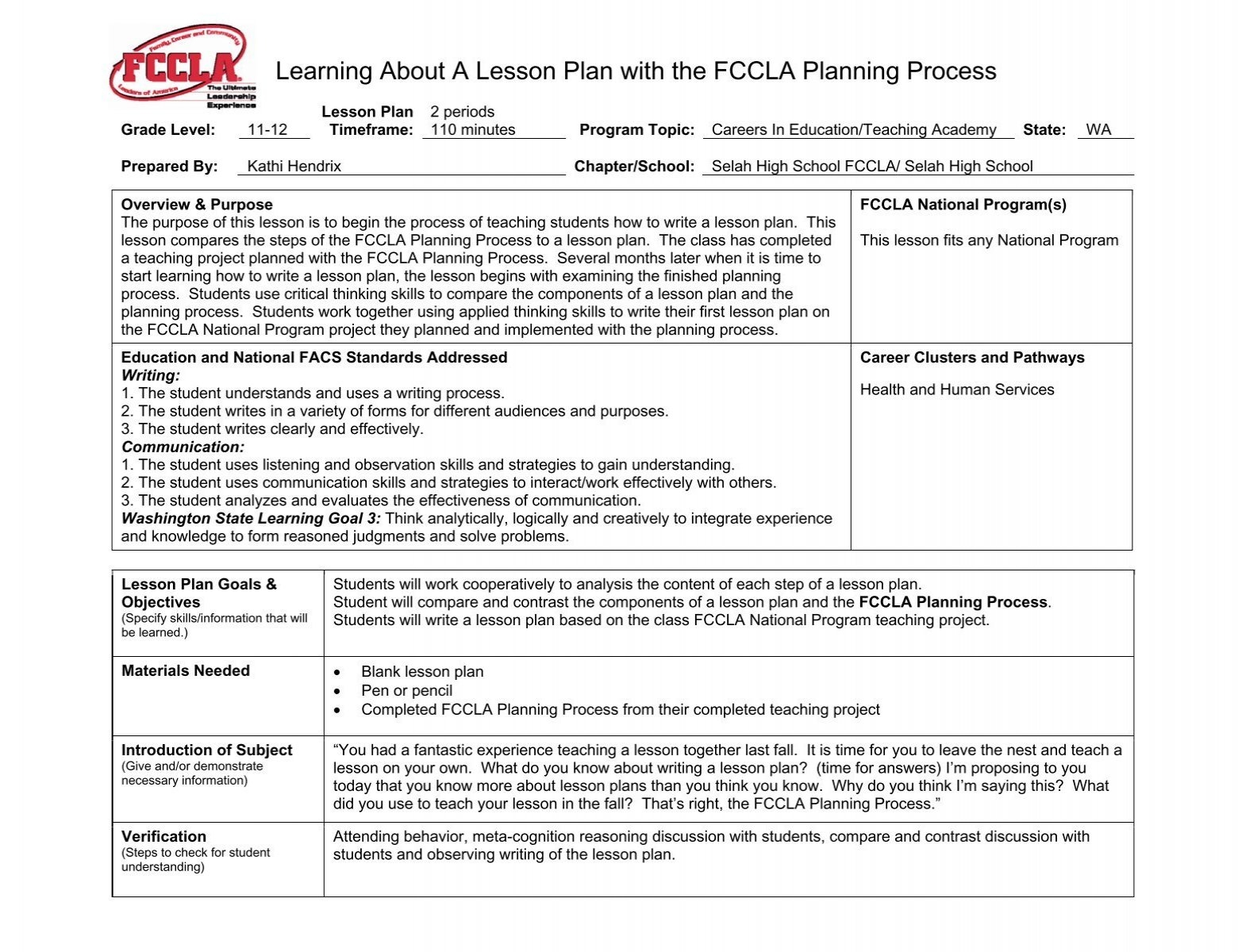 Fccla Planning Process Worksheet Example