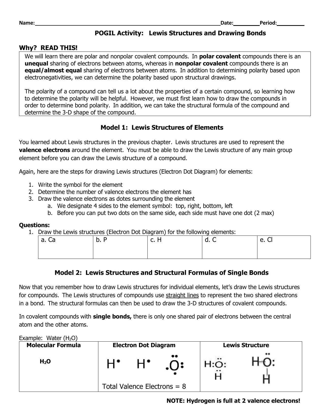 Lewis Structures And Drawing Bonds Worksheet