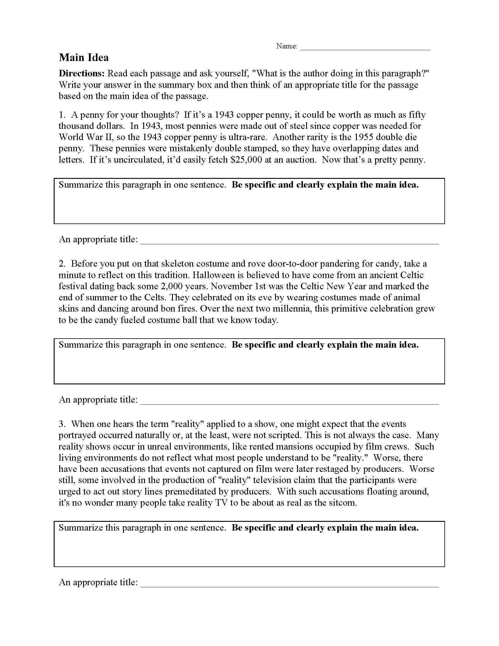 Worksheets Main Idea And Supporting Details Examples