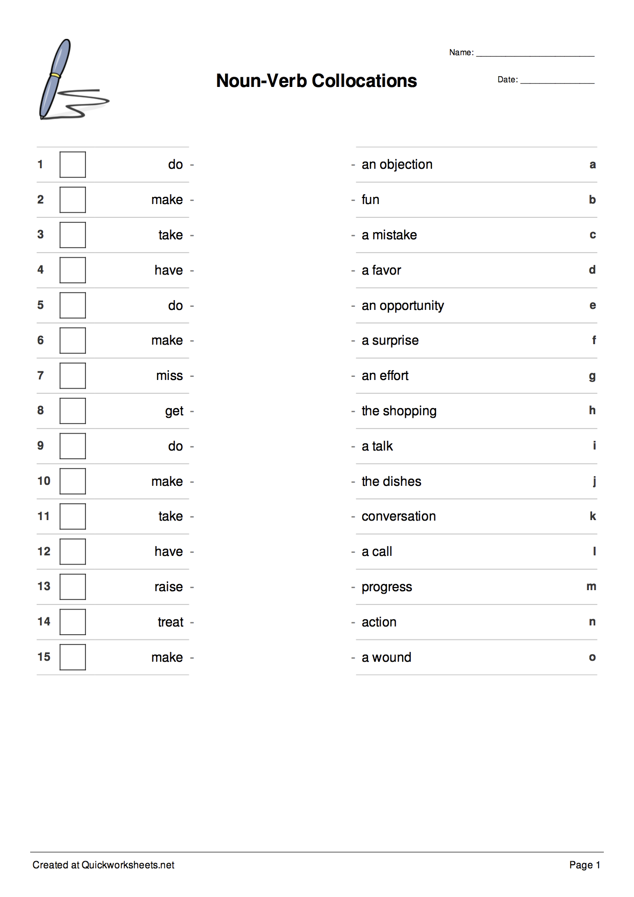 Example Of A Matching Worksheet