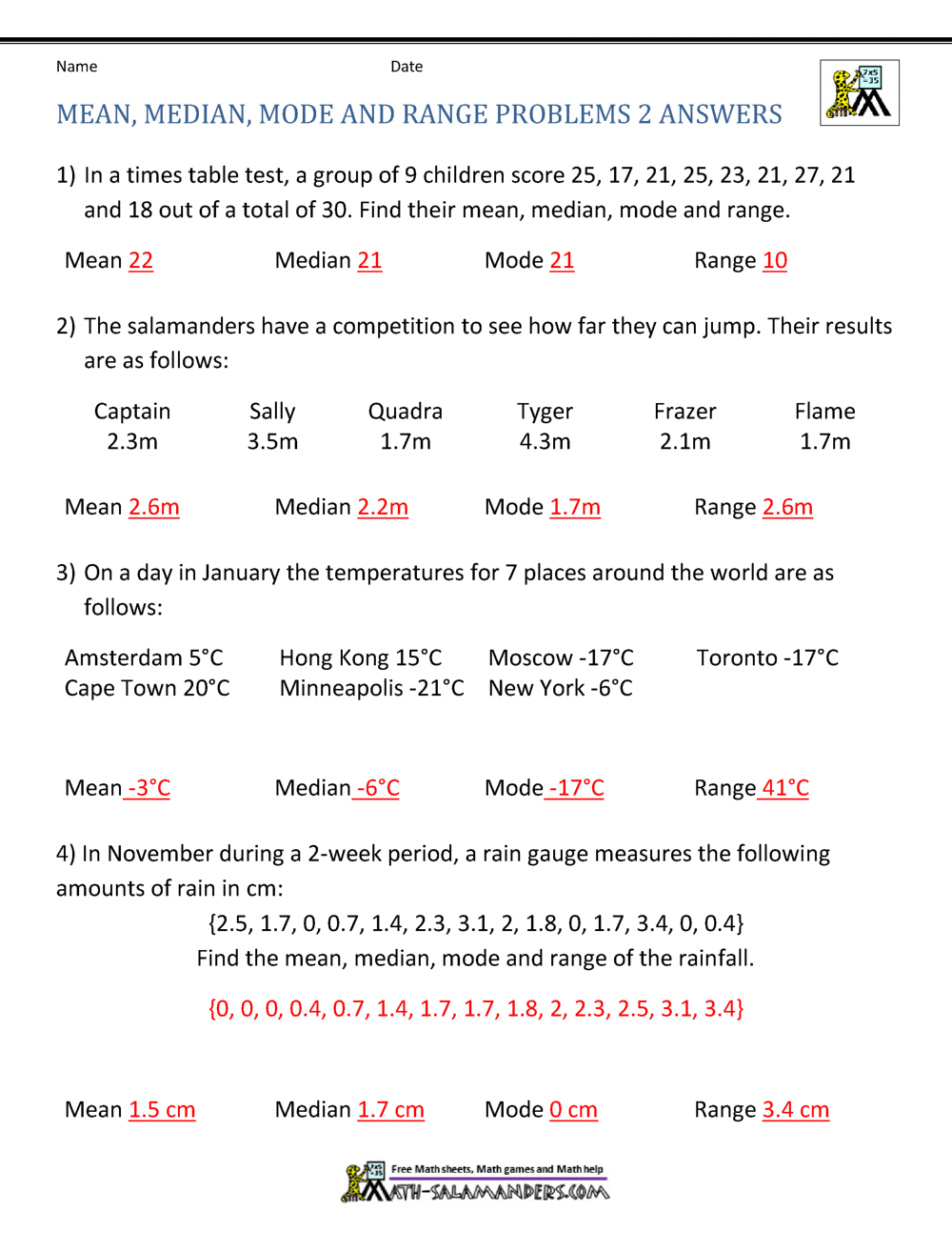 Mean Median Mode Range Worksheets