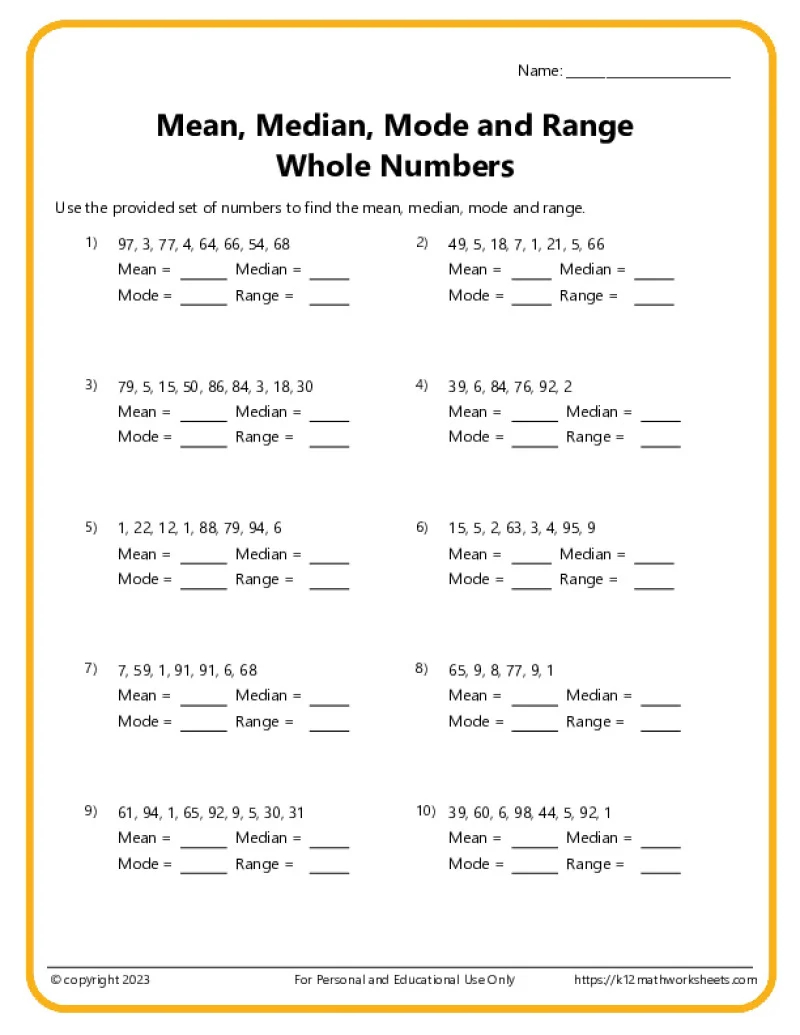 Mean Median Mode Range Worksheets