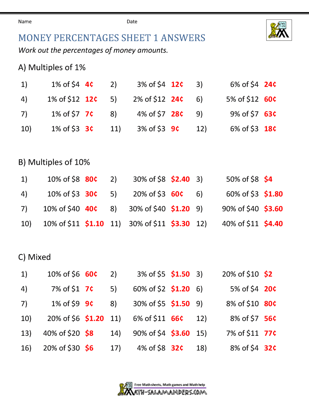 Money Percentage Worksheets Money Percentage Worksheets