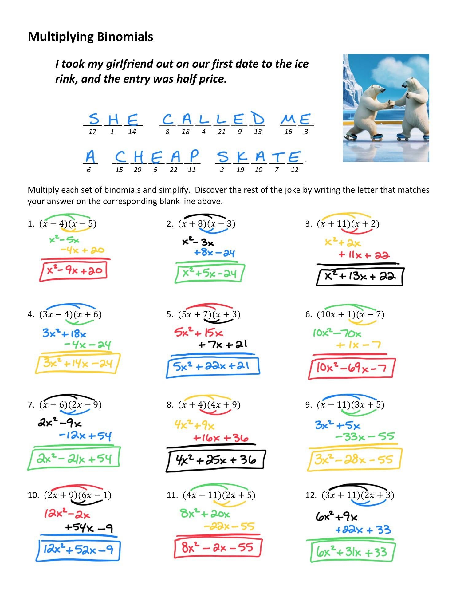 Multiplying Binomials FOIL Joke Worksheet 2 With Answer Key TPT Multiplying Binomials FOIL Joke Worksheet 2 With Answer Key TPT