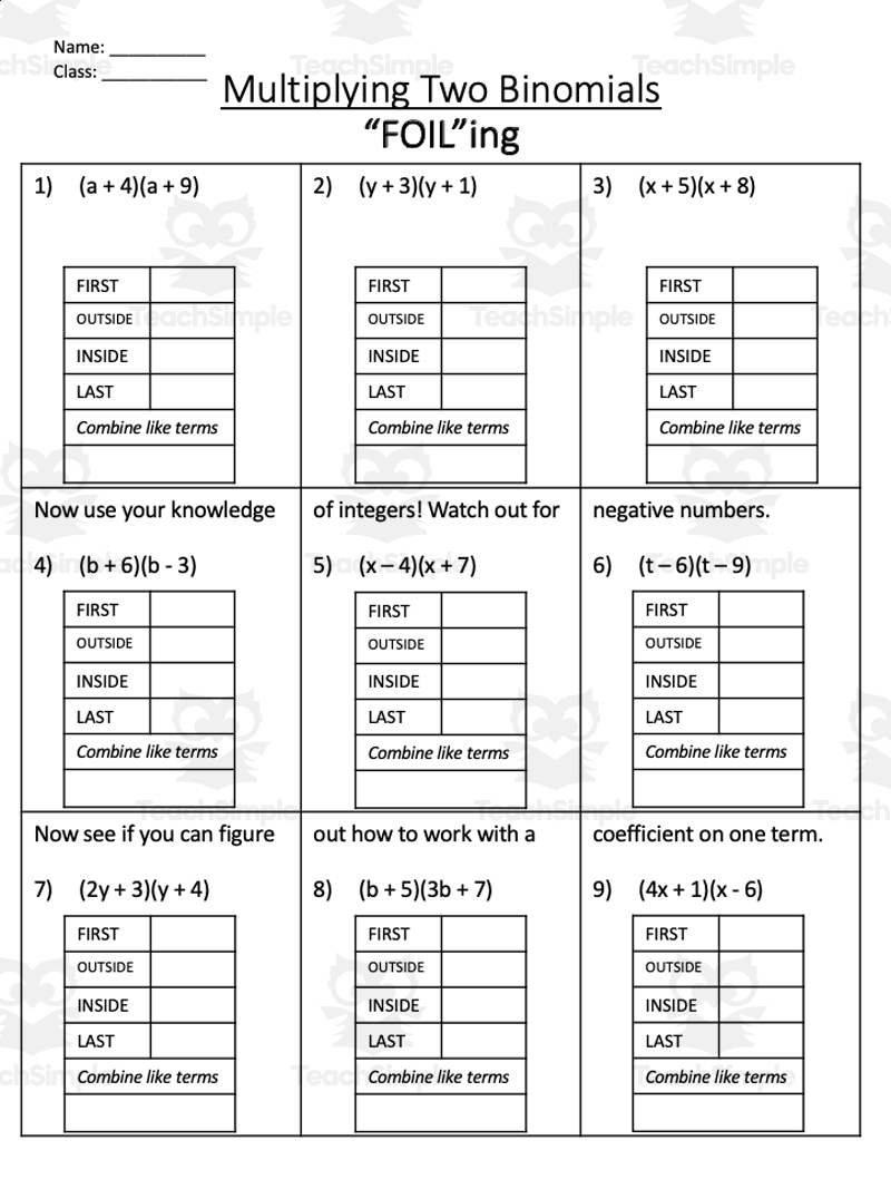 Foil Algebra 2 Examples Worksheet Foil Algebra 2 Examples Worksheet
