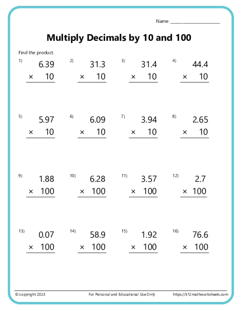 Multiplying Decimals Worksheets