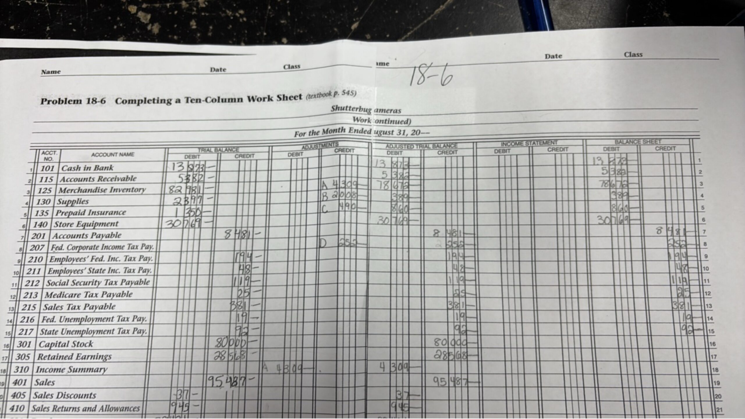 Name Date Class Date Class Problem 18 6 Completing A Ten Column Work She 