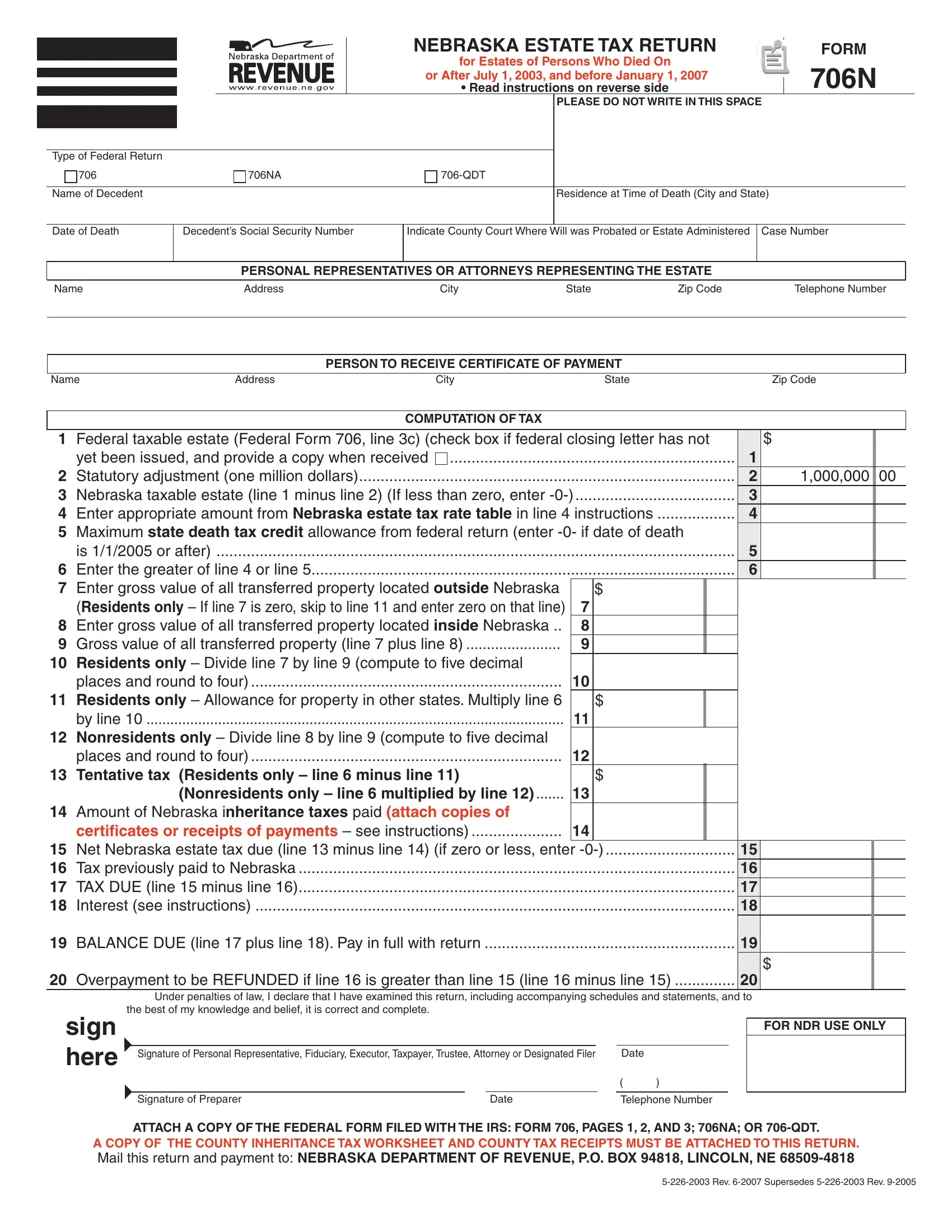 Nebraska Form 706N Fill Out Printable PDF Forms Online