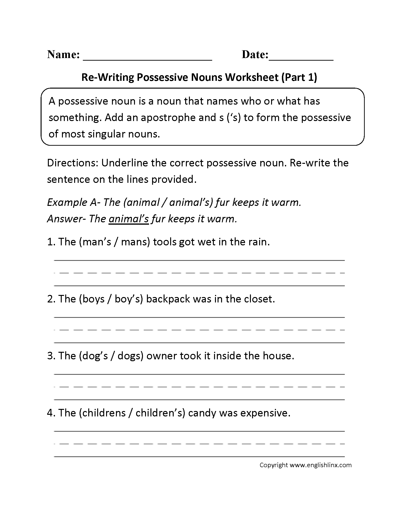 Possessive Nouns Examples For Grade 4 Worksheets