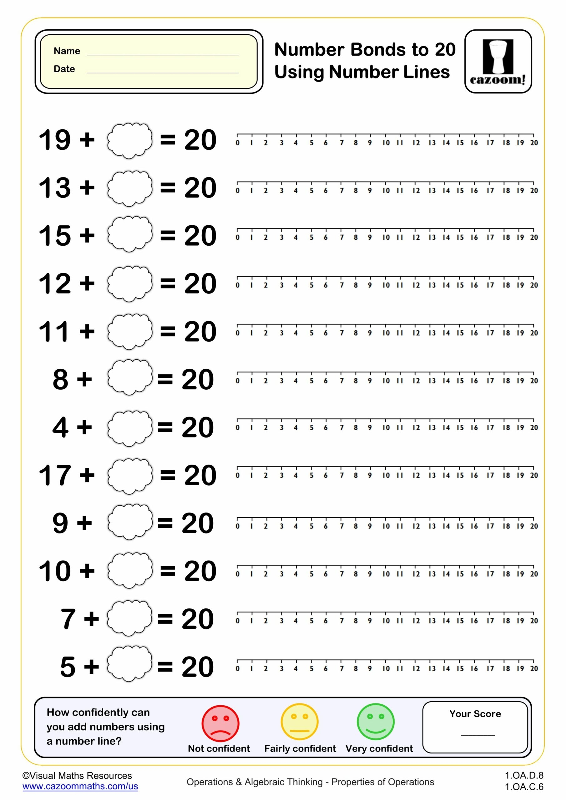 Number Bonds To 20 With Number Lines PDF Printable Addition Worksheets Cazoom Math