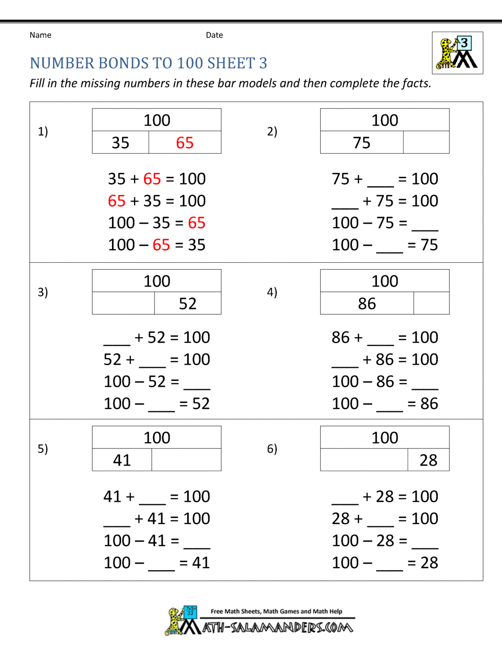 Number Bonds Worksheets To 100