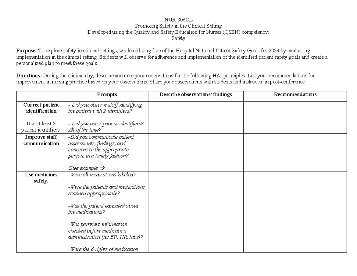 NUR 306CL QSEN Safety Worksheet For Clinical Practice SP 24 Studocu