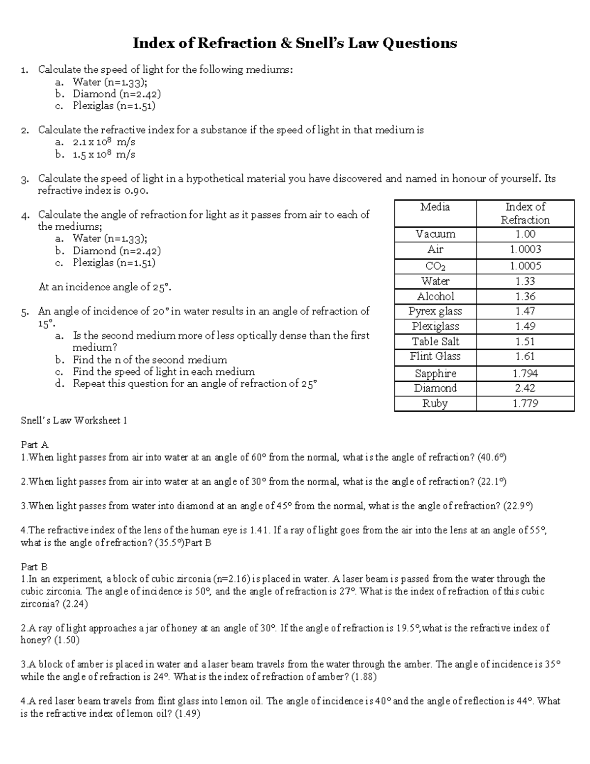 Snell'S Law Example Calculations Worksheet