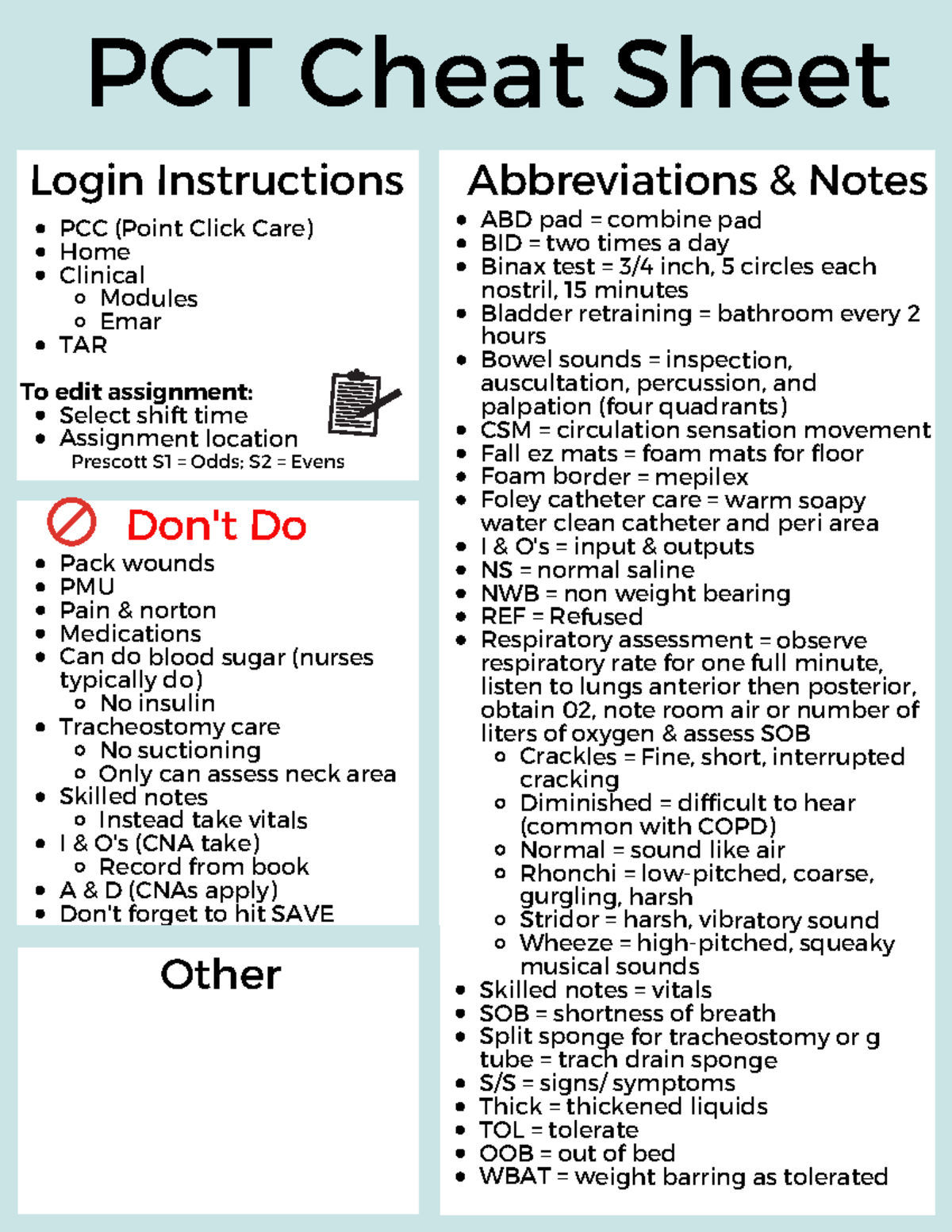 PCT Cheat Sheet For PCT Role PCC Point Click Care Home Clinical Modules Emar TAR Select Shift Studocu