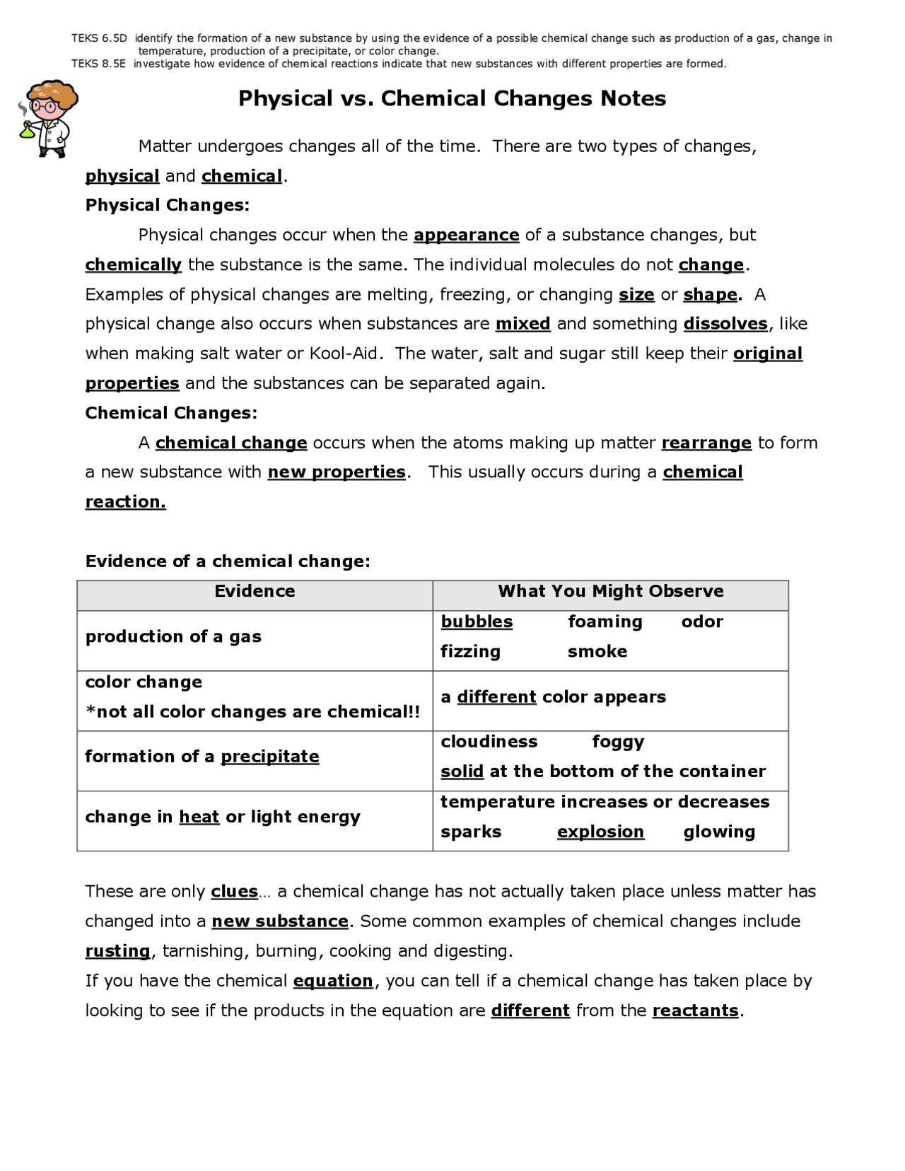 Physical Vs Chemical Change Atoms Examples Worksheet