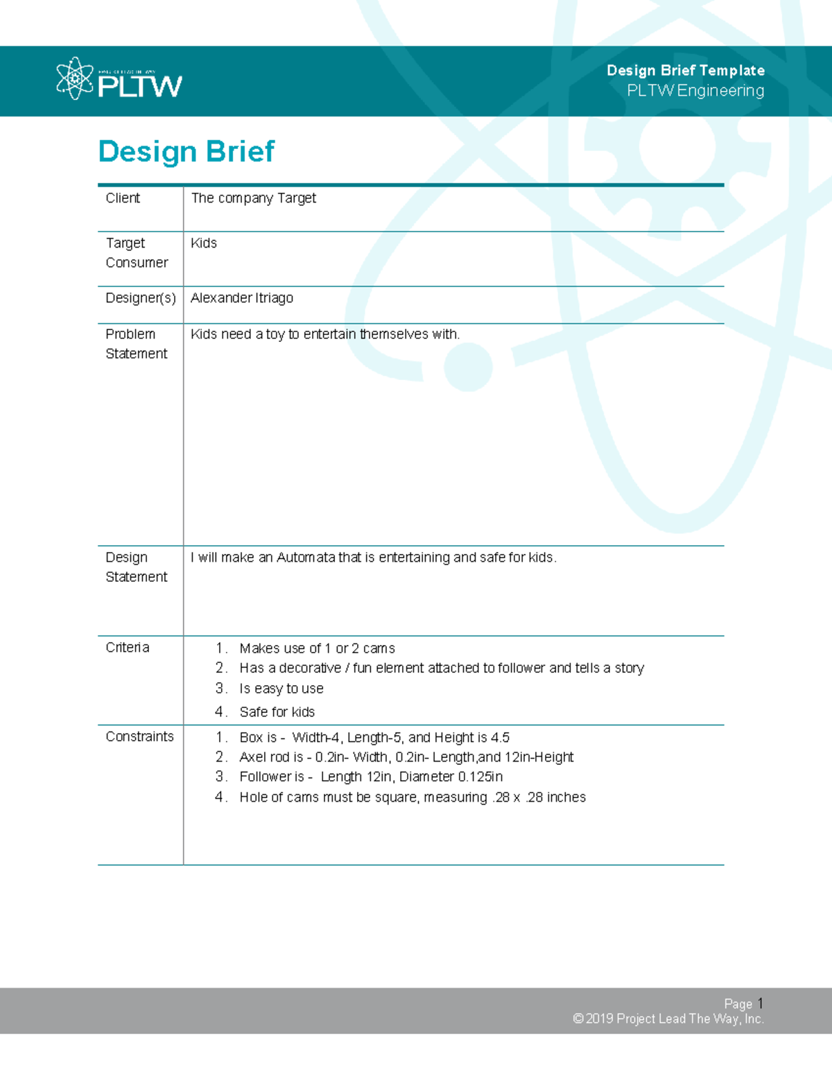 Pltw Design Process Example Worksheet
