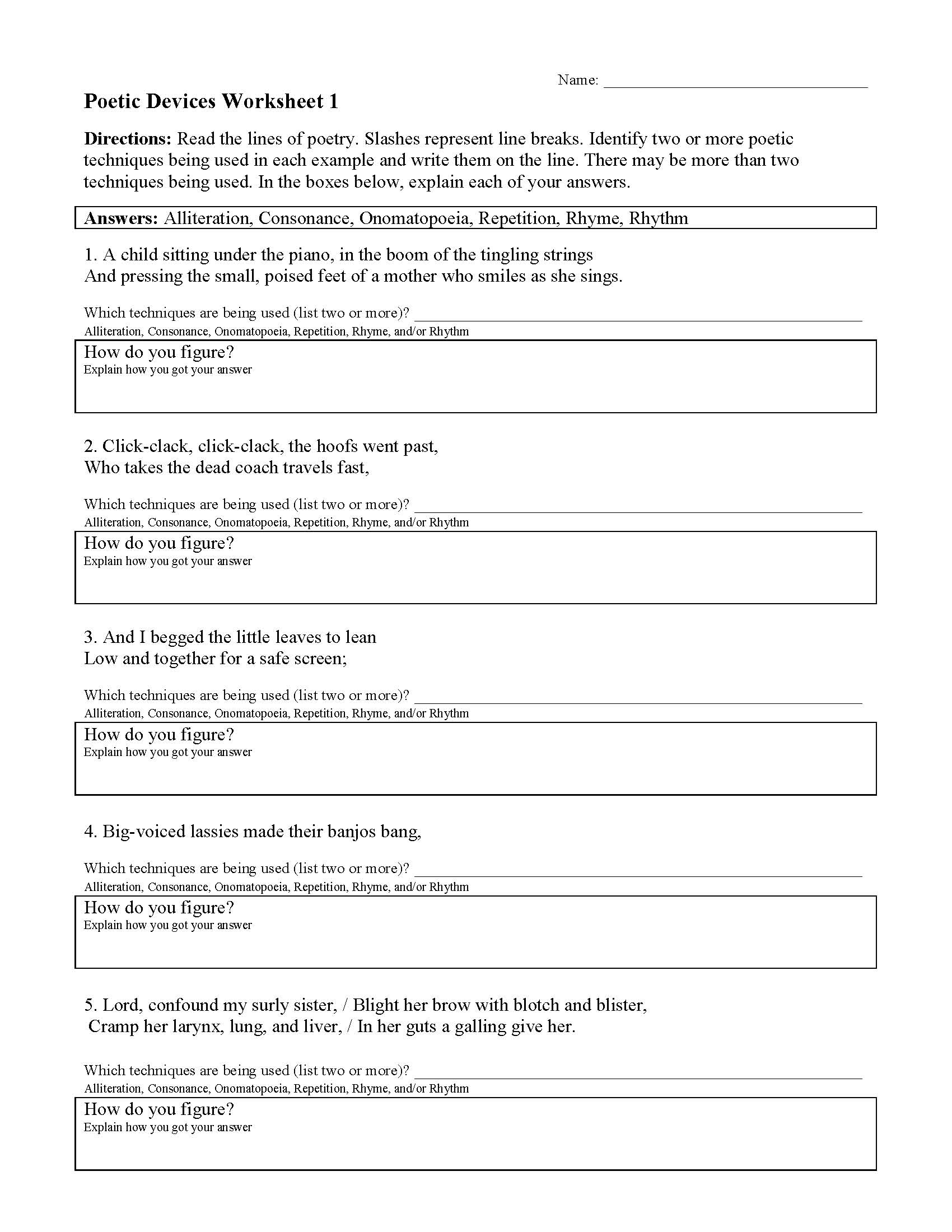 Poetic Devices Worksheet 1 Reading Activity