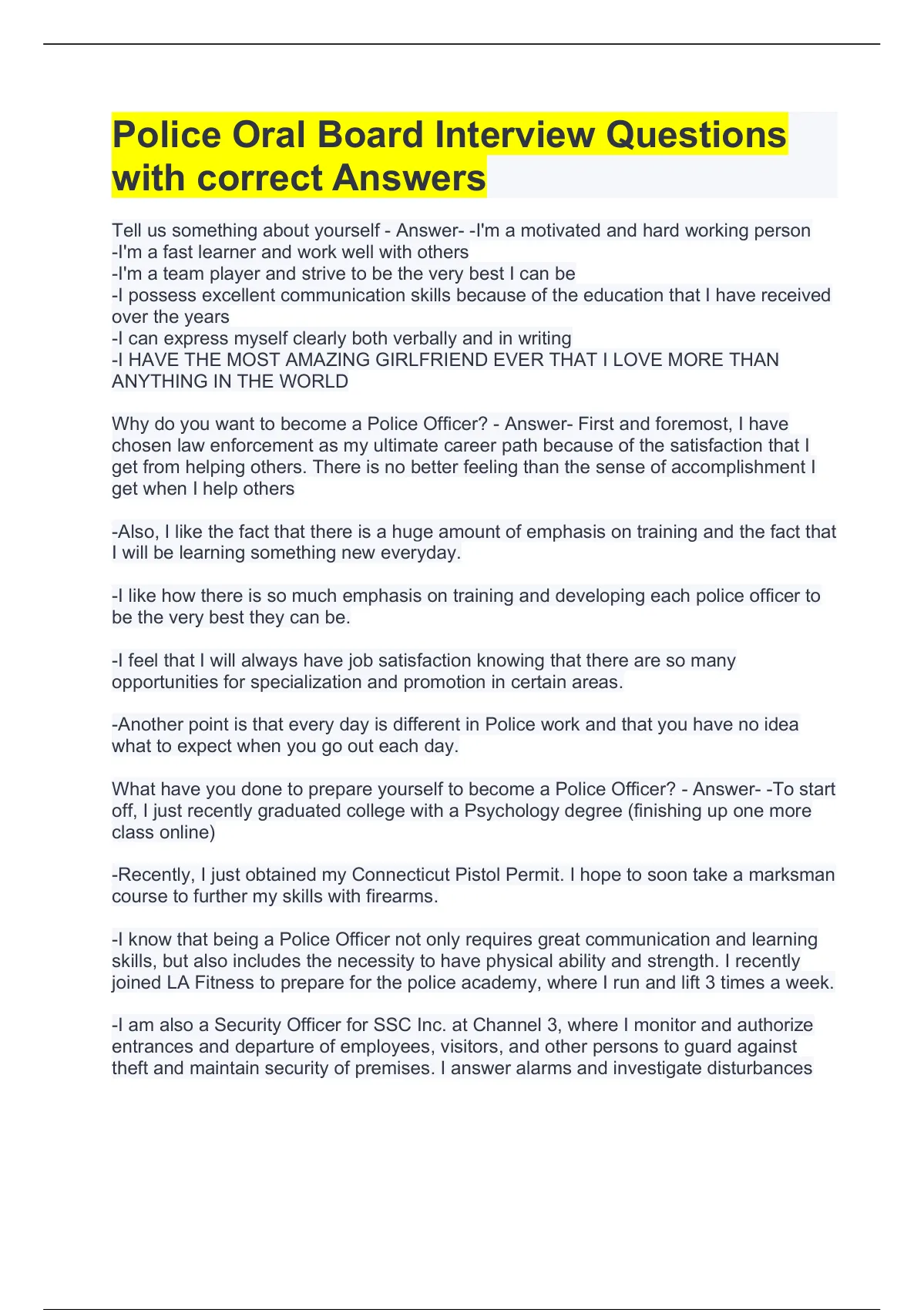 Police Oral Board Interview Questions With Correct Answers Police Oral Board Stuvia US