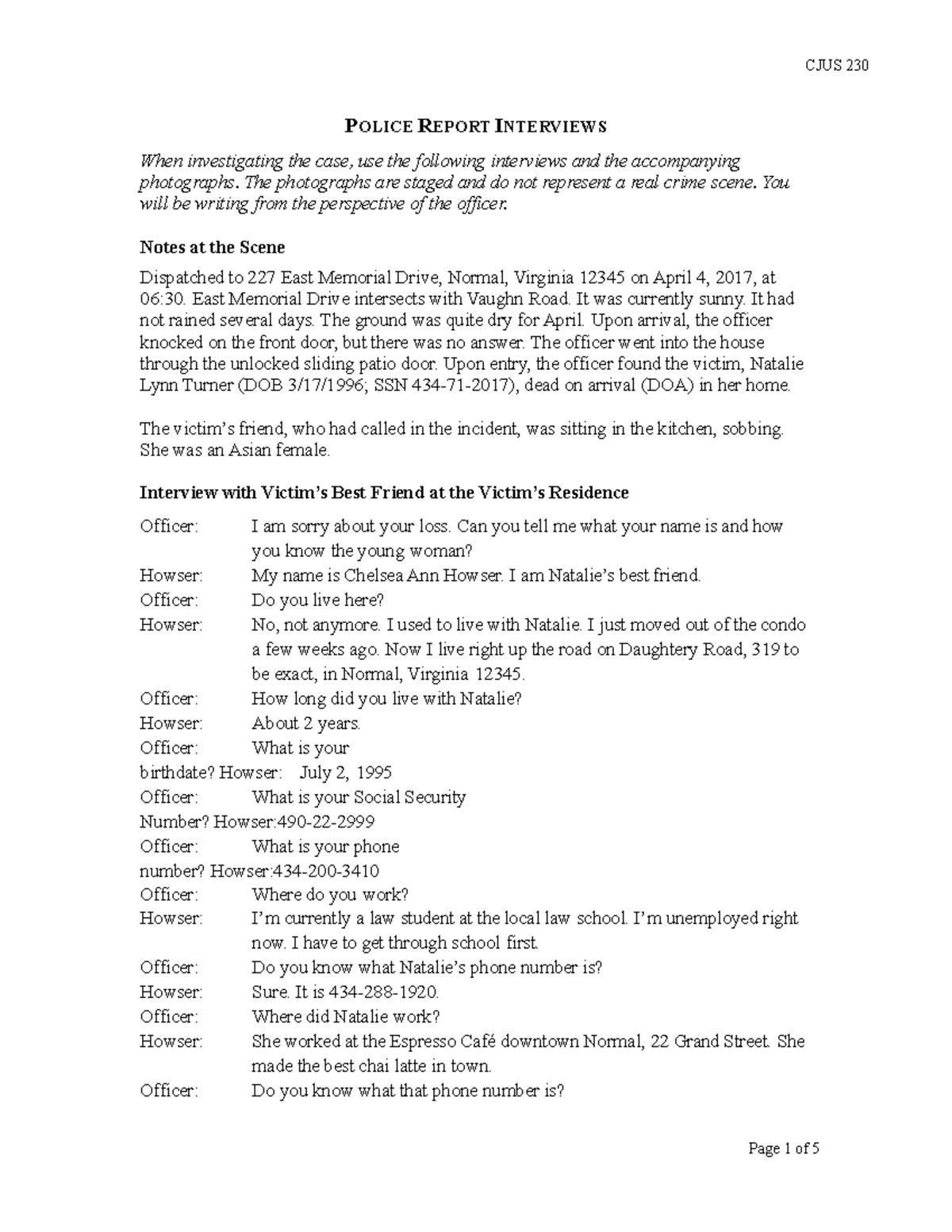 Example Of Police Interview Worksheet