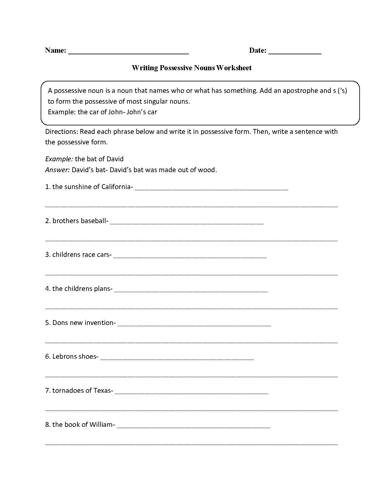 Possessive Nouns Worksheets Writing With Possessive Nouns Worksheet