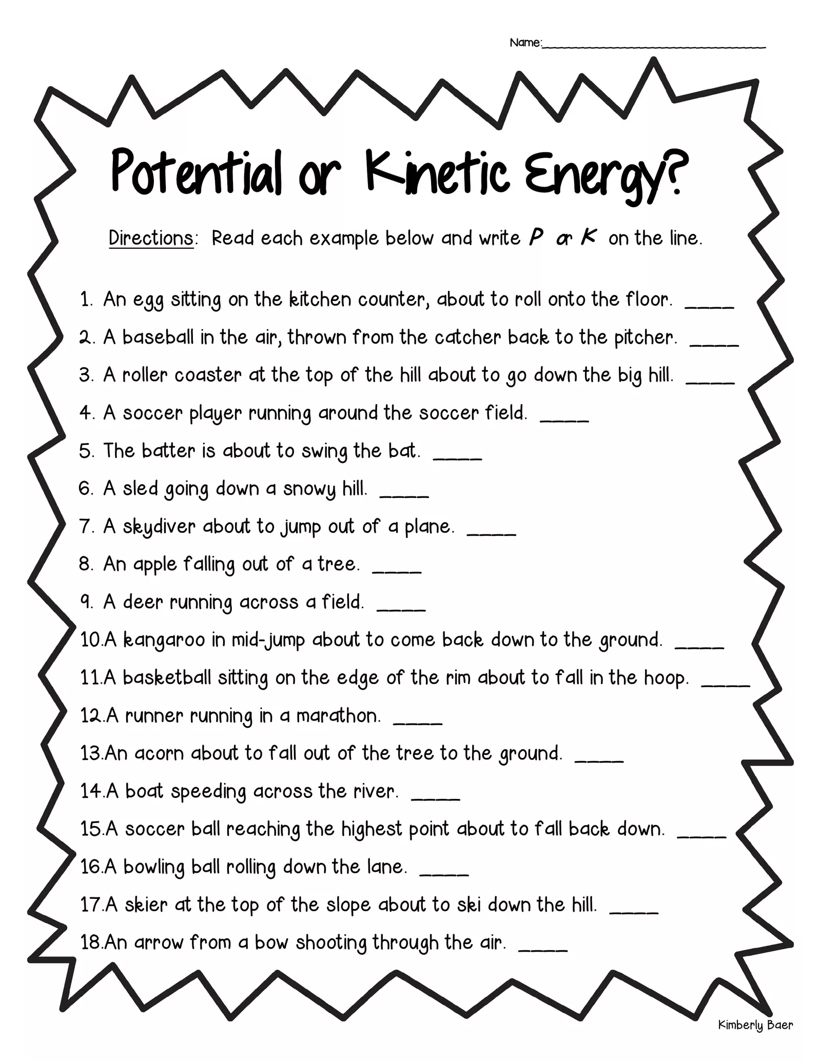 Potential Or Kinetic Energy Worksheet Physical Science