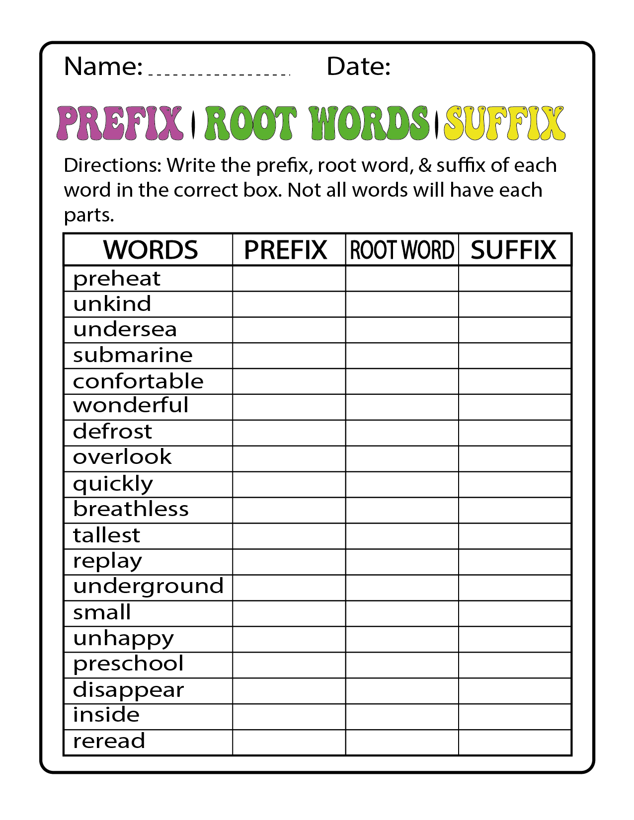 Prefixes And Suffixes Examples Worksheets
