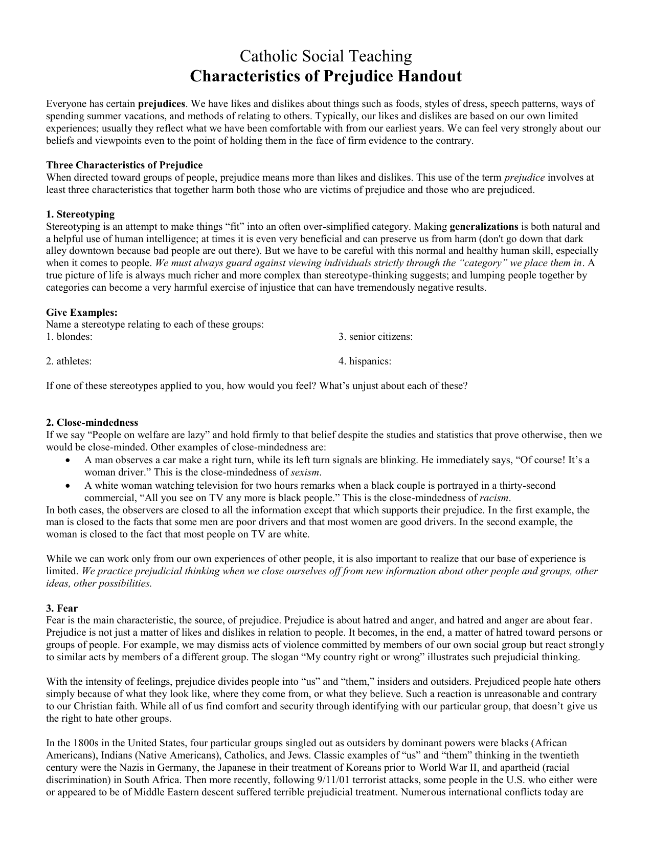 Examples Of Prejudice Worksheet Answers
