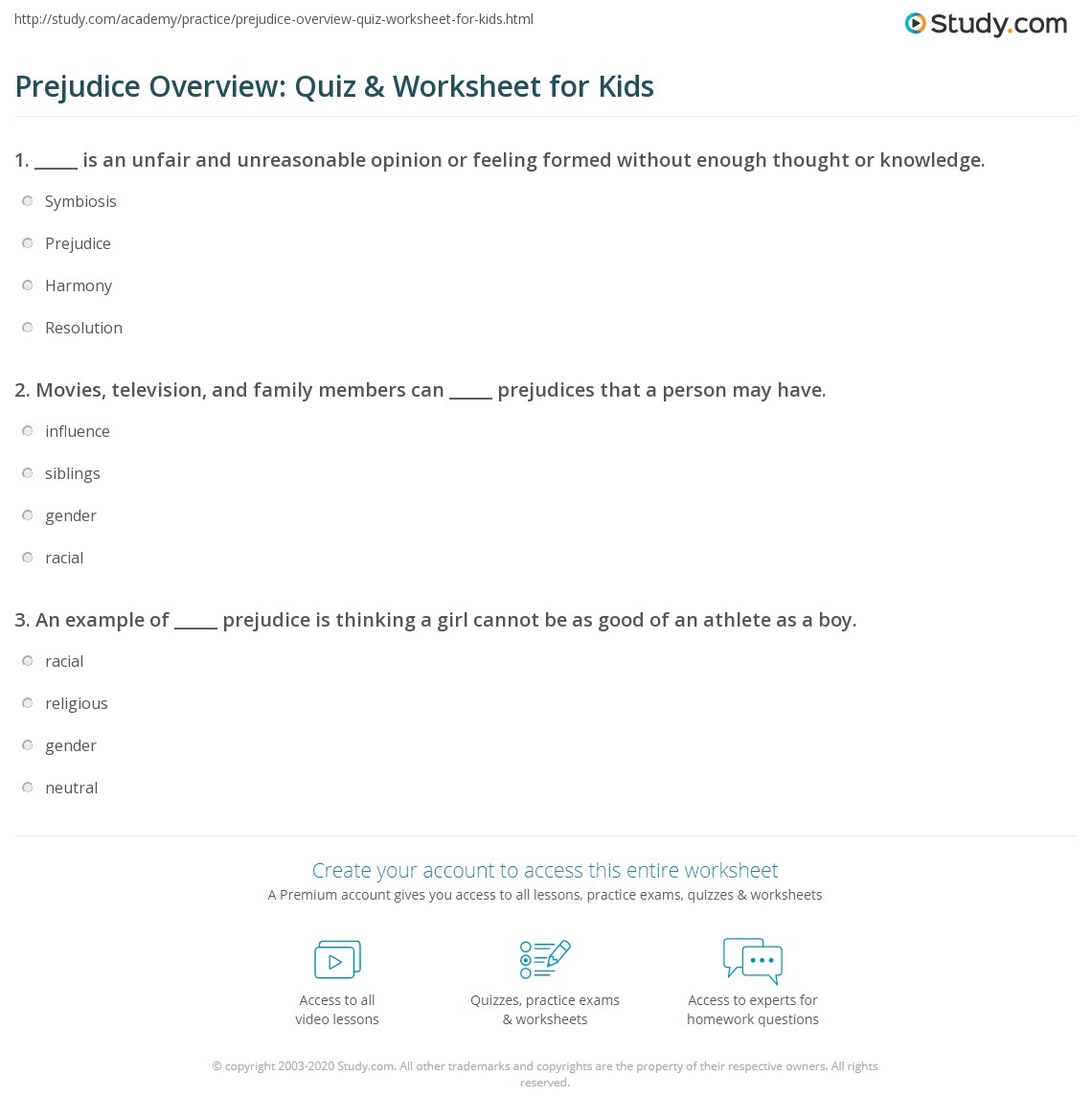 Prejudice Overview Quiz Worksheet For Kids Study