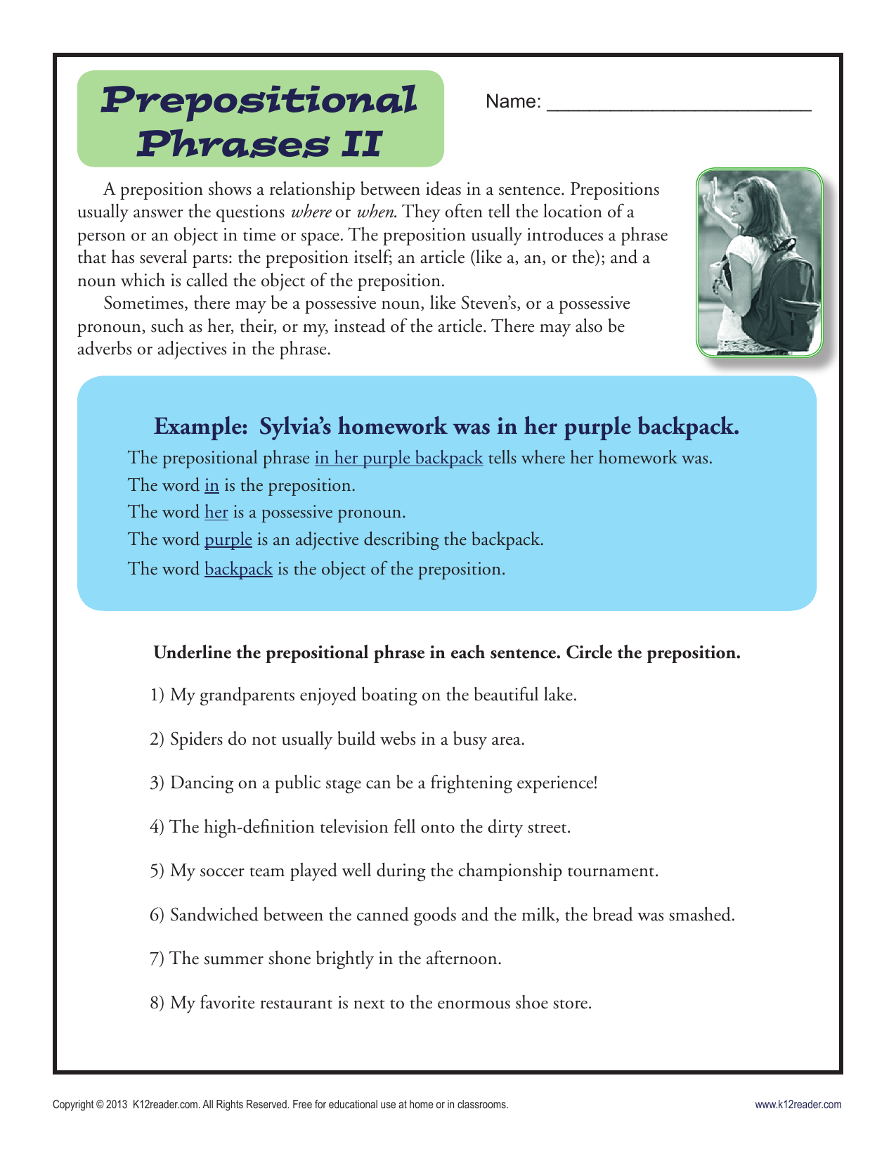 Example Of Prepositional Phrase Worksheet