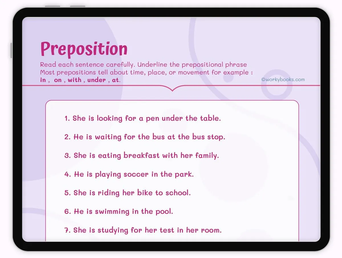 Prepositional Phrases Worksheet L 4 1 E Workybooks For Teachers Parents Homeschoolers Printable Interactive