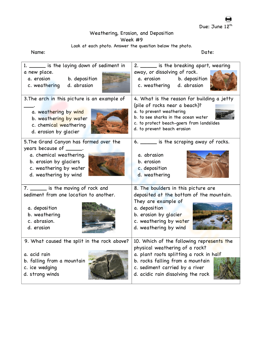 Examples Of Weathering And Erosion Worksheet