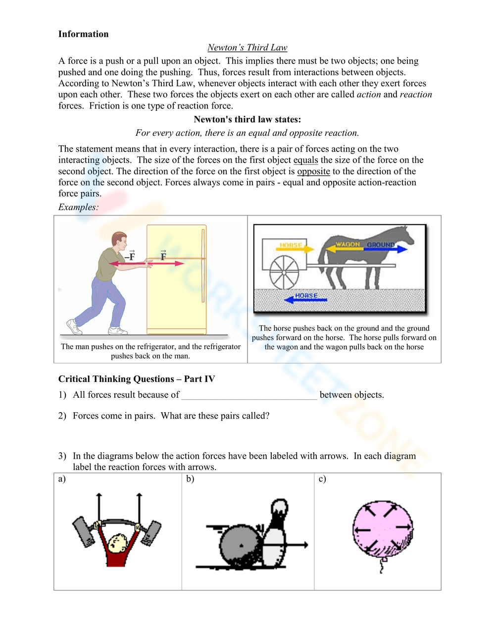 Action Reaction Force Example Worksheets